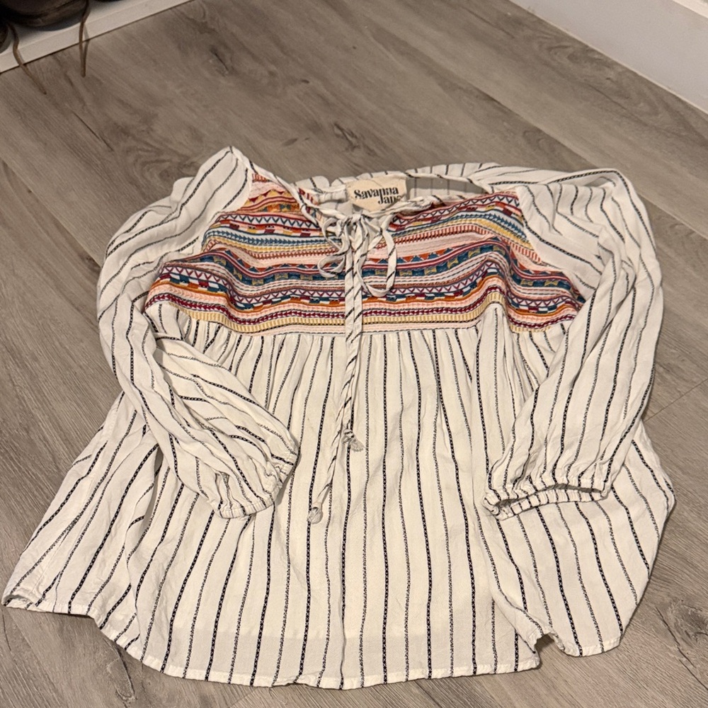 Savanna Jane White Striped Blouse with Multicolor Embroidery